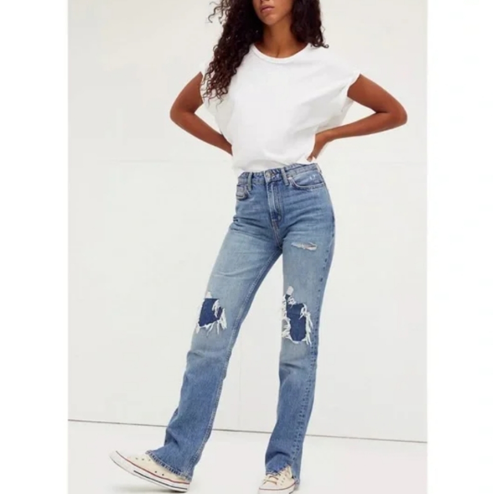 Free People Light Blue Distressed Straight Leg Jeans